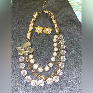 Vtg Pearls Crystals Rhinestones Gold Fashion Set Necklace Earrings Clip On